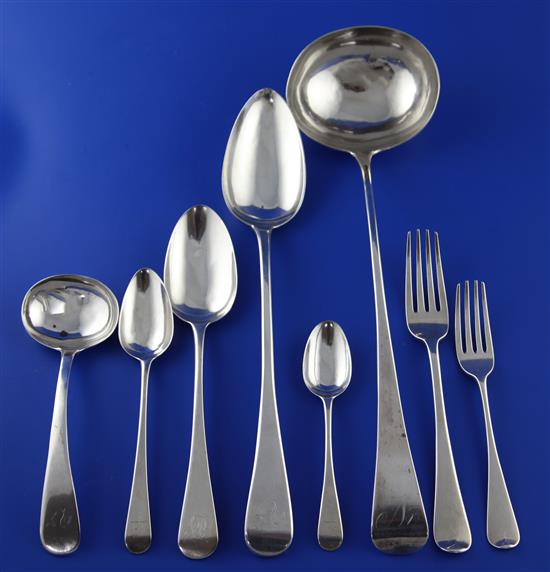 A harlequin part canteen of George III and later silver Old English, fiddle and Hanovarian pattern cutlery, 99 oz.